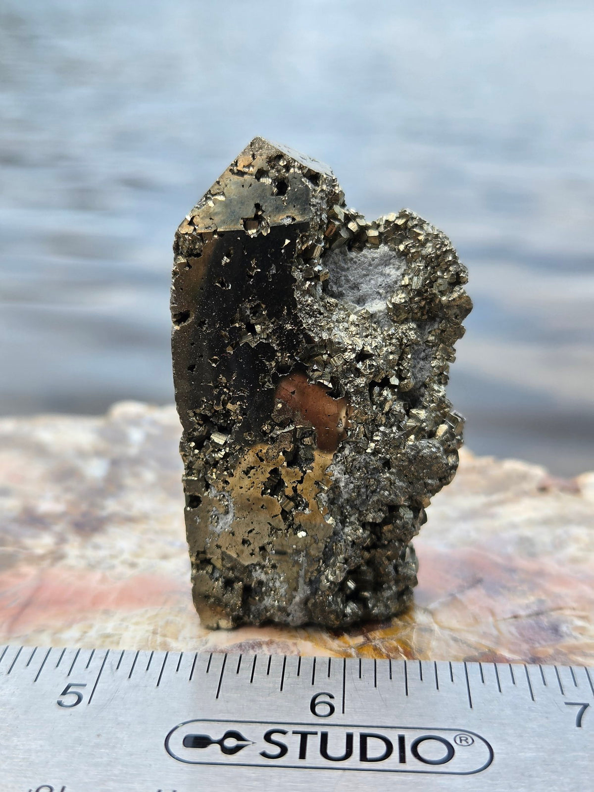 Druzy pyrite detail on polished tower