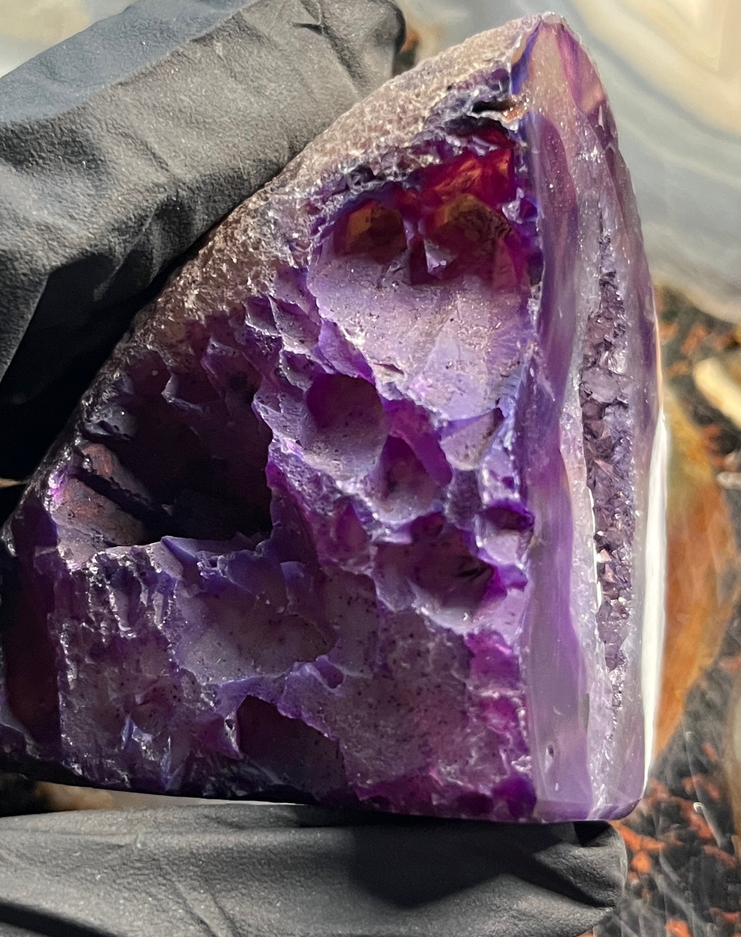 Deep Purple Agate Geode with Cut Base - Vibrant Amethyst-Tone Banded Agate - Polished Crystal Cluster with Druzy Center