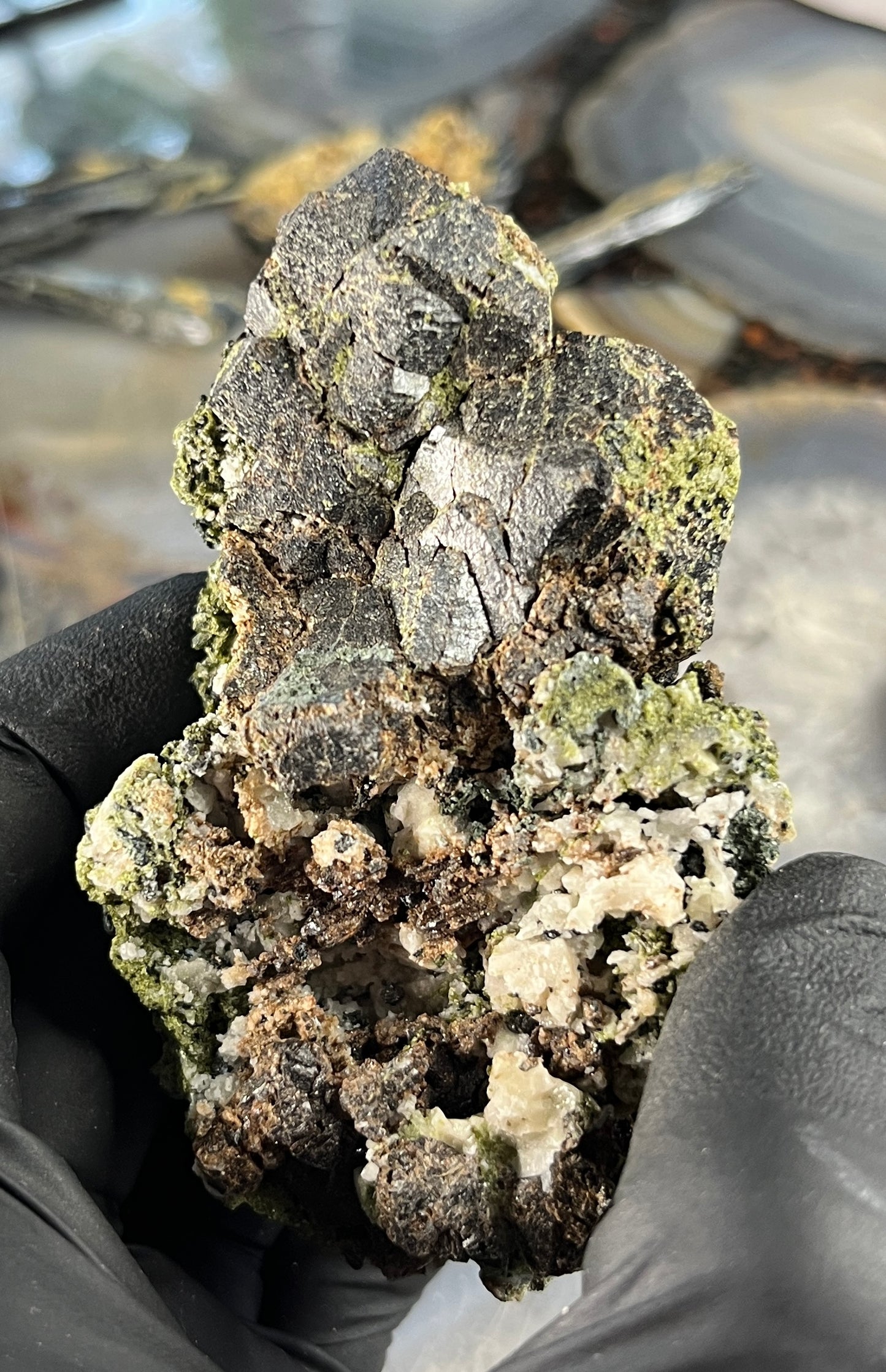 Raw Garnet on Epidote Specimen - Natural Dark Burgundy Andradite Garnet Cluster in Green Epidote Matrix - Grounding & Manifestation Crystal - Rare Mineral Specimen