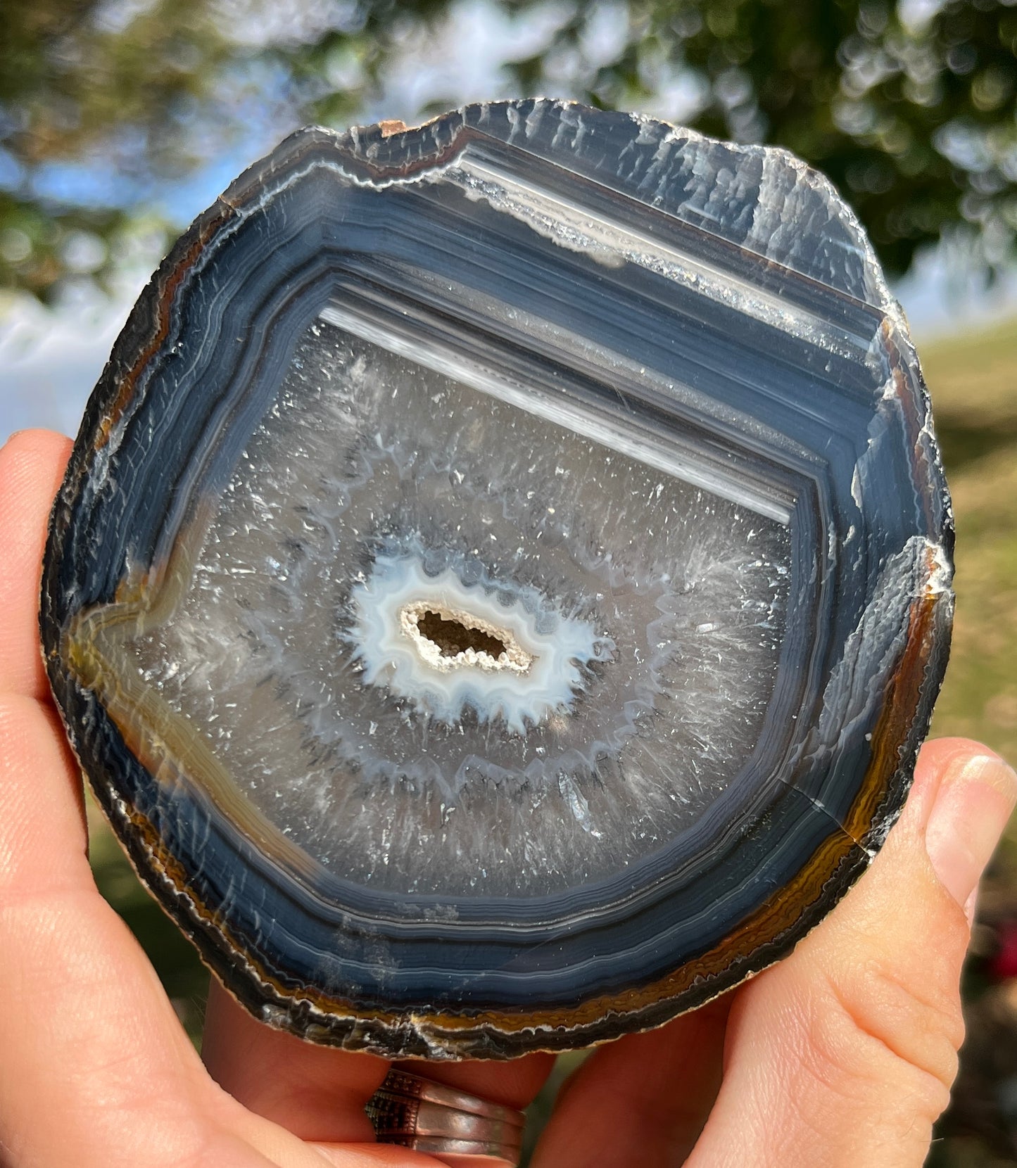 Banded Agate Slice Geode | Polished Natural Crystal Stone Decor | Unique Metaphysical Gift | Large Geode Specimen Display