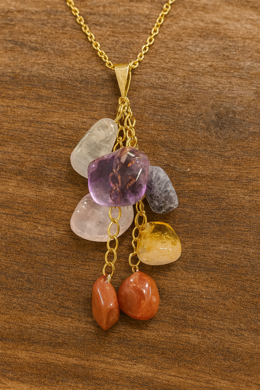 Chakra Crystal Pendant Necklace – Healing Stone Jewelry with Amethyst, Citrine, Carnelian, Clear Quartz & Rose Quartz – Spiritual Gift for Balance & Energy