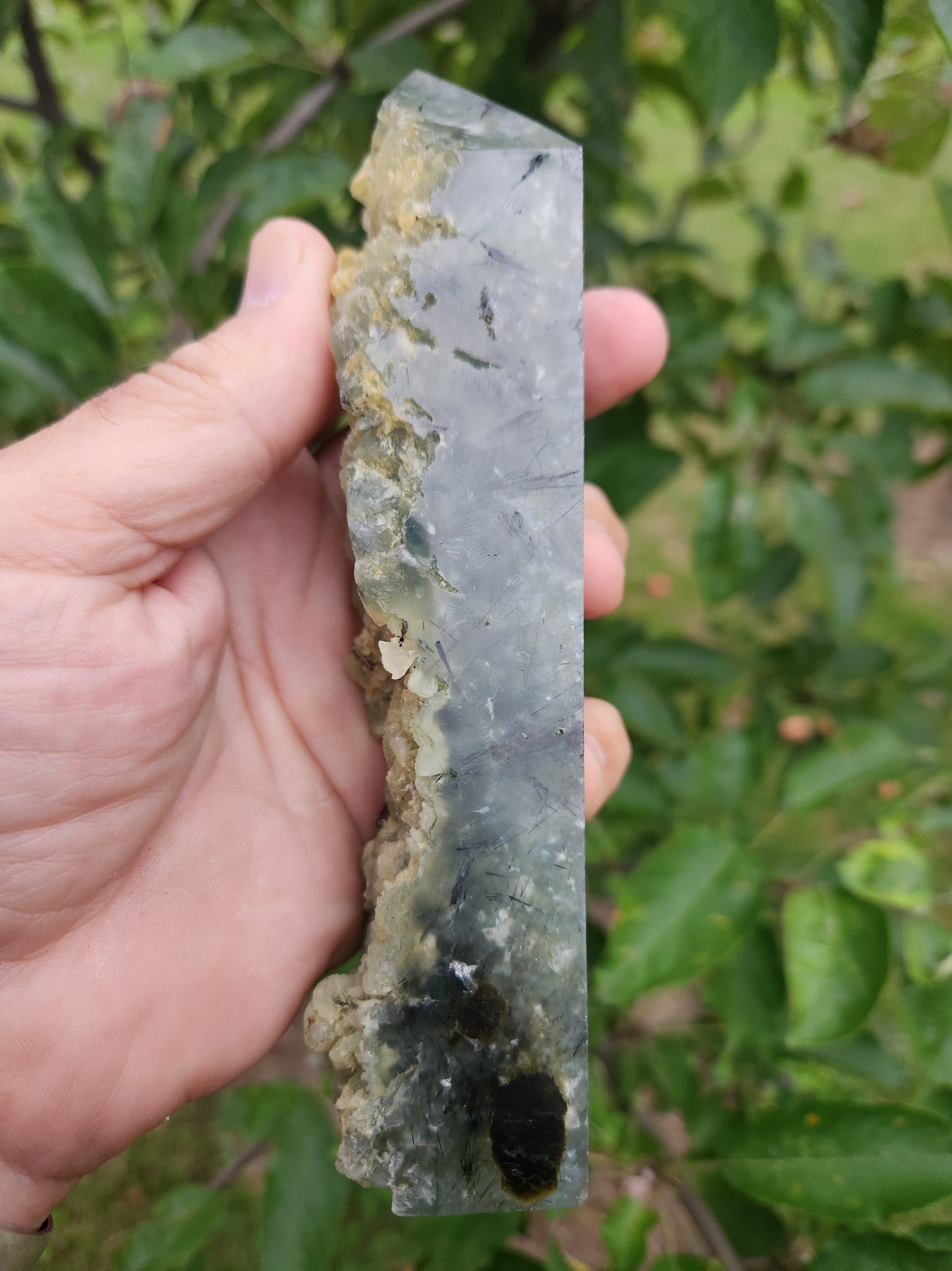 Large Prehnite Tower with Black Tourmaline inclusions - Calming and Protective