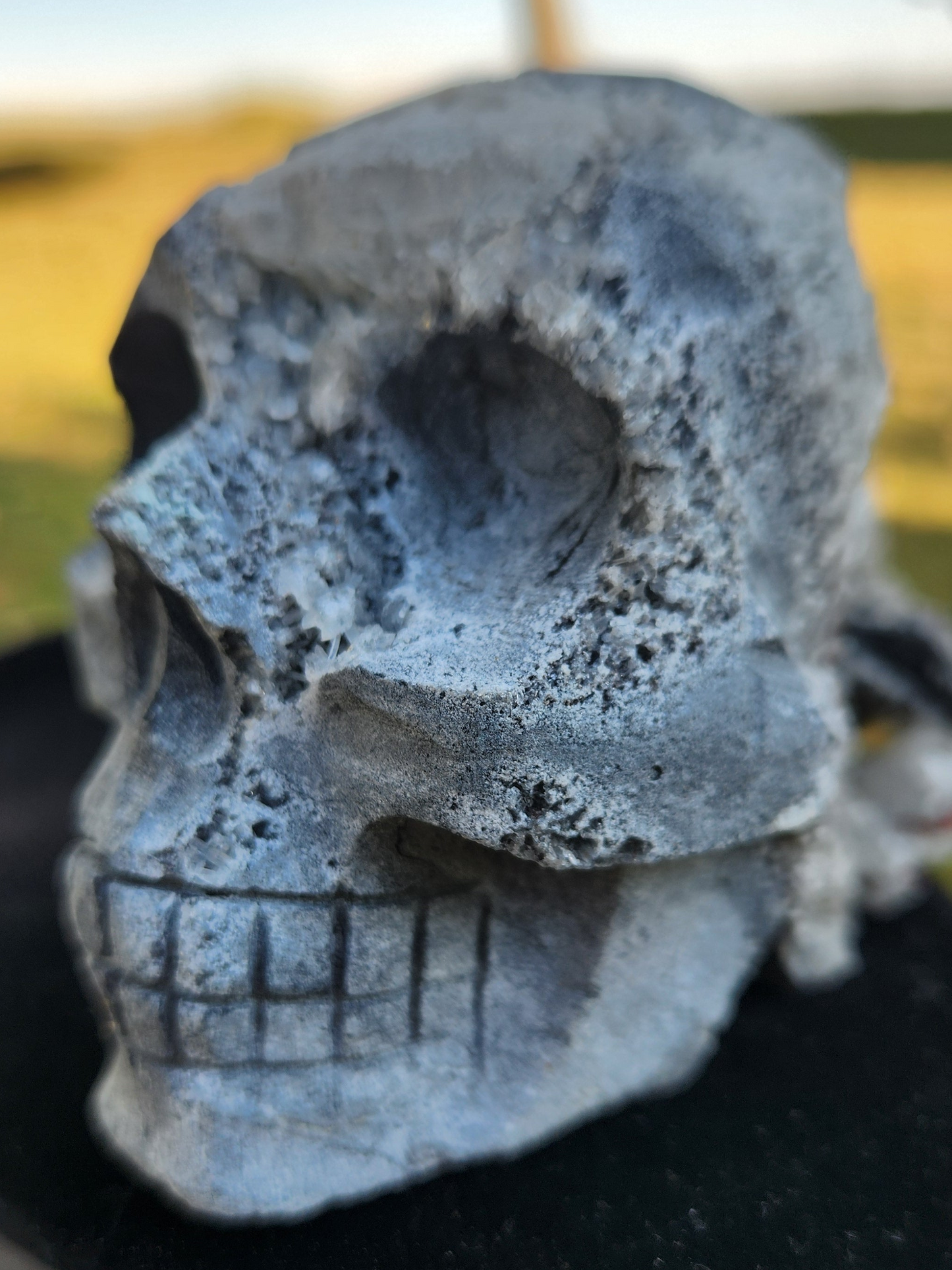 Hand-Carved Quartz Crystal Skull with Druzy Cluster – Unique Tribal Skull, Healing Stone, Spiritual Décor, Gothic Gift.