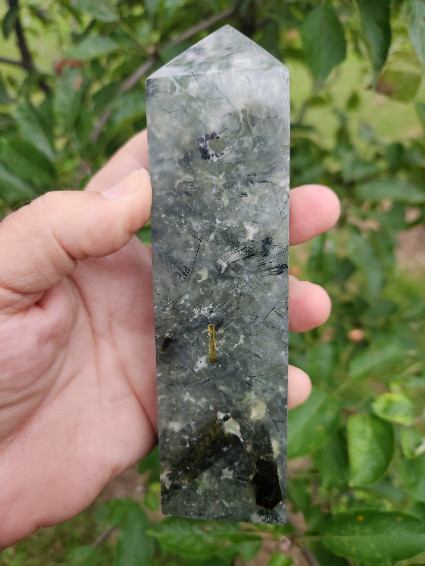 Large Prehnite Tower with Black Tourmaline inclusions - Calming and Protective