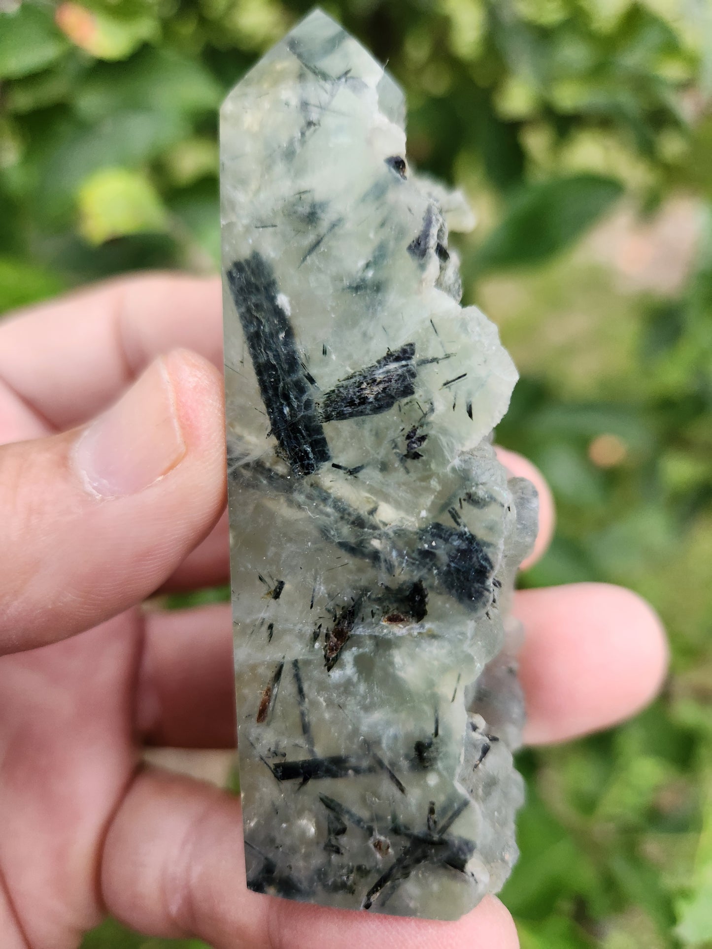 Prehnite Tower with Tourmaline Inclusions - Calming and Protective Energy