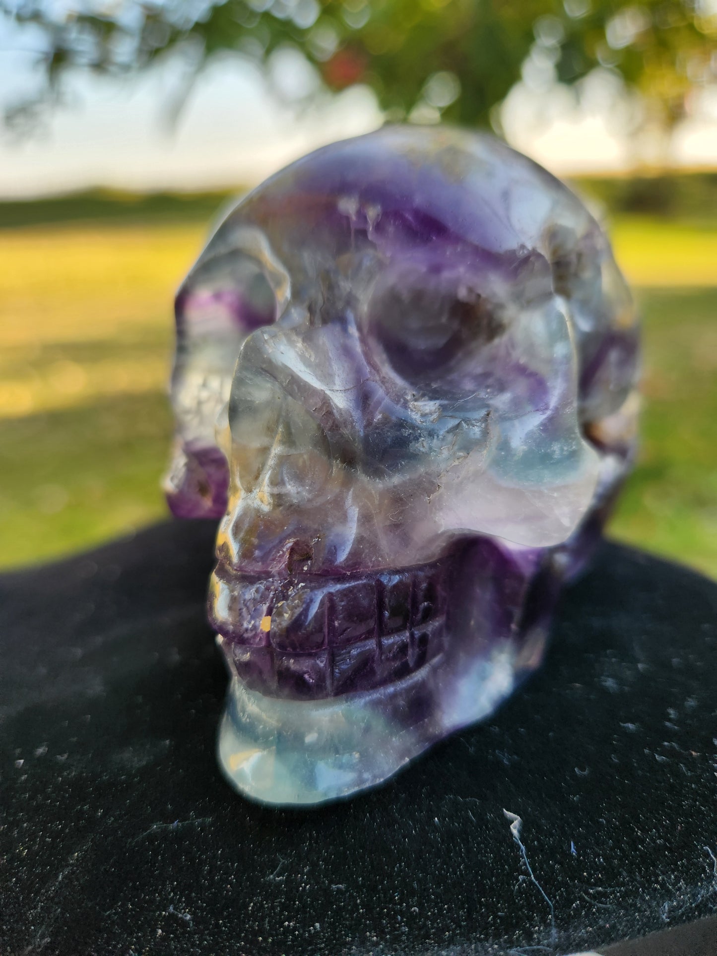 Natural Fluorite Druzy Crystal Skull – Hand-Carved Healing Stone, Spiritual Décor, Meditation Tool, Unique Metaphysical Gift