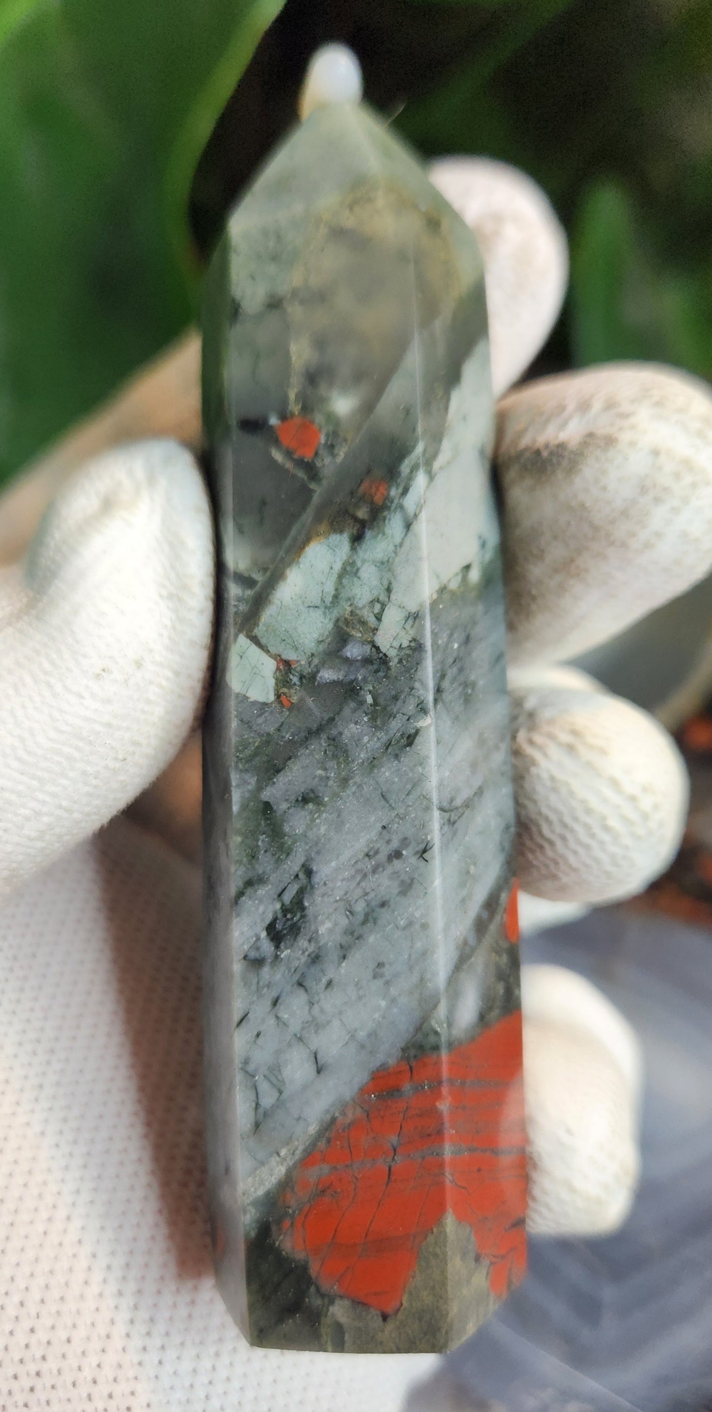 African Bloodstone (Heliotrope) Tower with Pyrite Inclusions | Polished Grounding Crystal Point