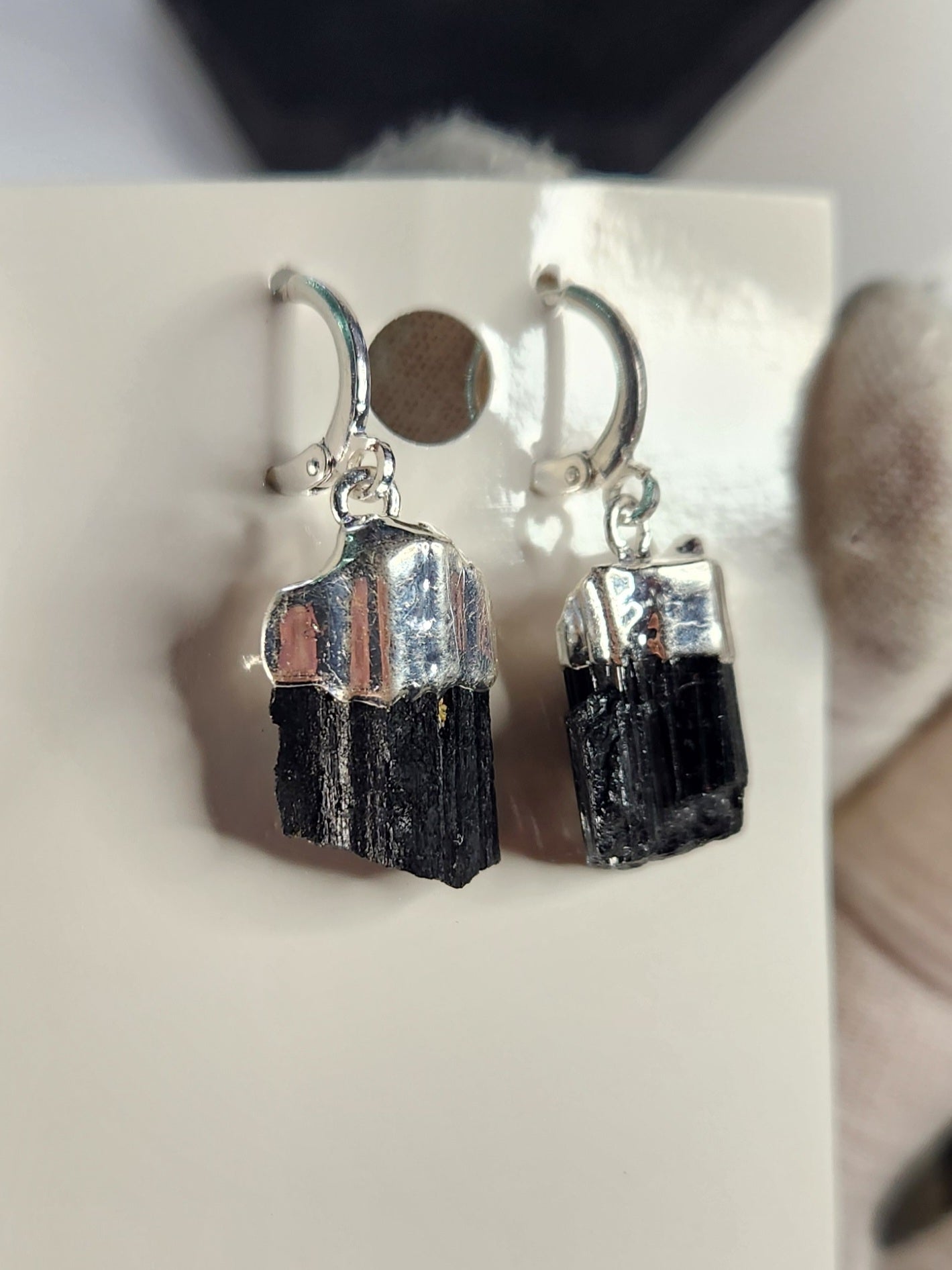 Natural Black Tourmaline Crystal Earrings | Raw Schorl Dangle Earrings | Grounding Protection Stone Jewelry | One of a Kind