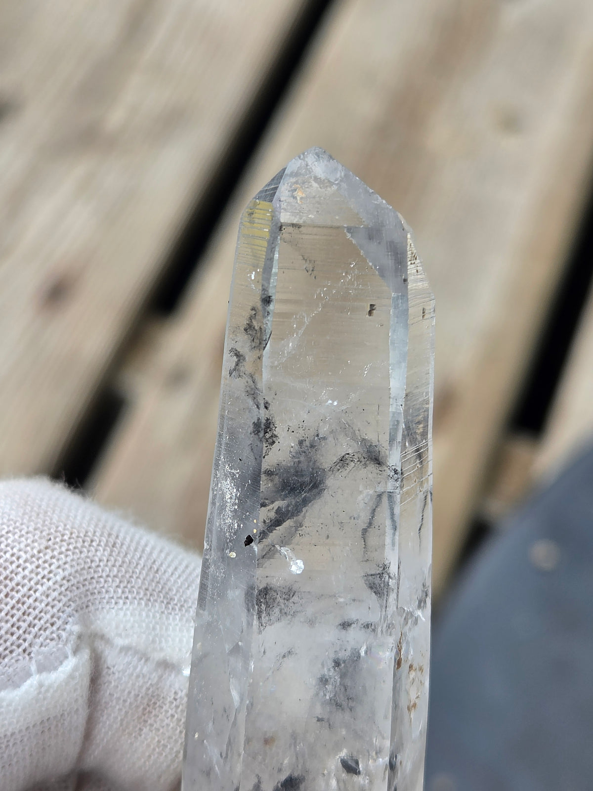 Natural Clear Quartz Crystal Point with Black Inclusions