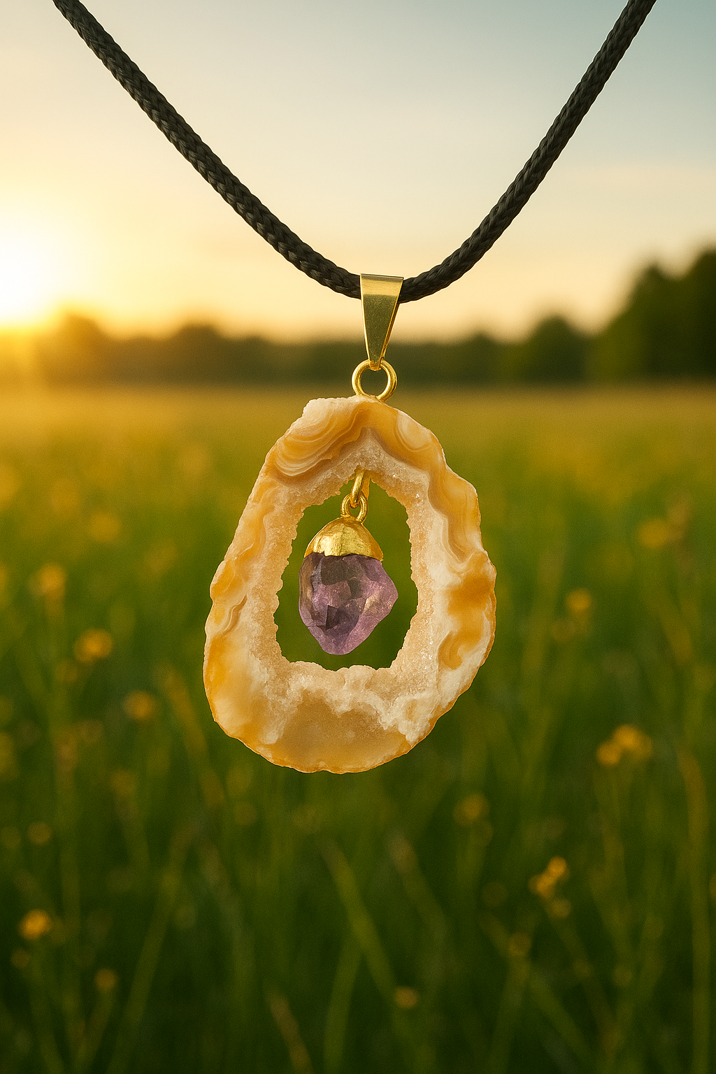 Amethyst Crystal Pendant with Raw Agate Slice – Unique Healing Stone Necklace for Positive Energy, Abundance & Protection