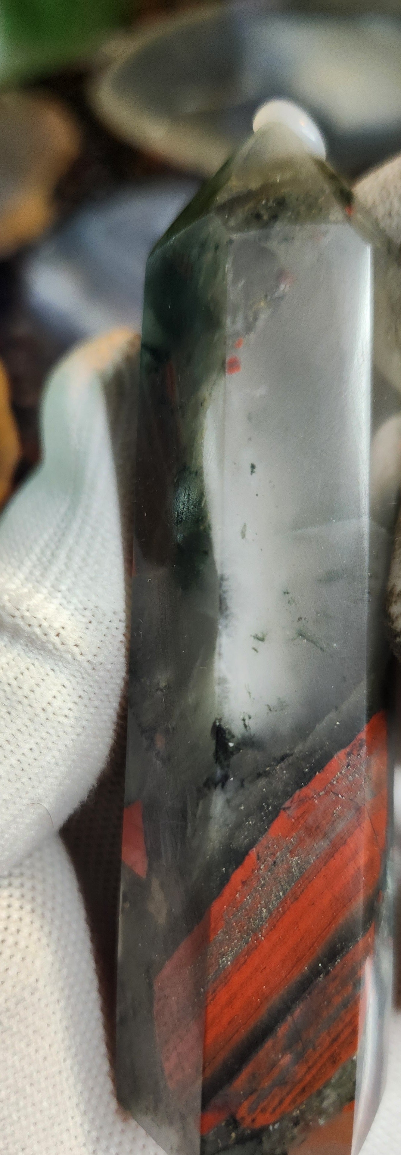 African Bloodstone (Heliotrope) Tower with Pyrite Inclusions | Polished Grounding Crystal Point