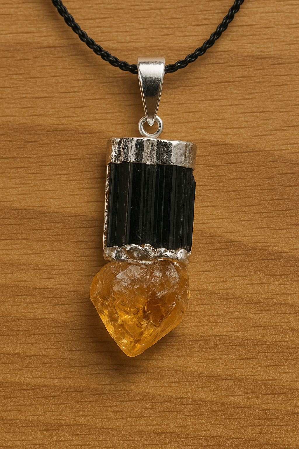 Raw Citrine & Black Tourmaline Pendant – Natural Crystal Necklace for Protection, Abundance & Energy Balance – Handmade Gemstone Jewelry