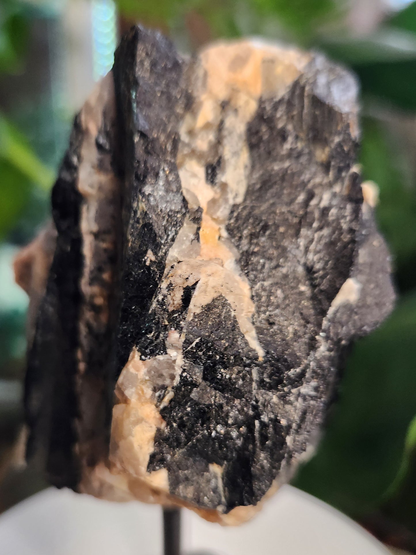 Large Natural Black Tourmaline (Schorl) in Calcite – Raw Tourmaline Crystal Matrix on metal stand