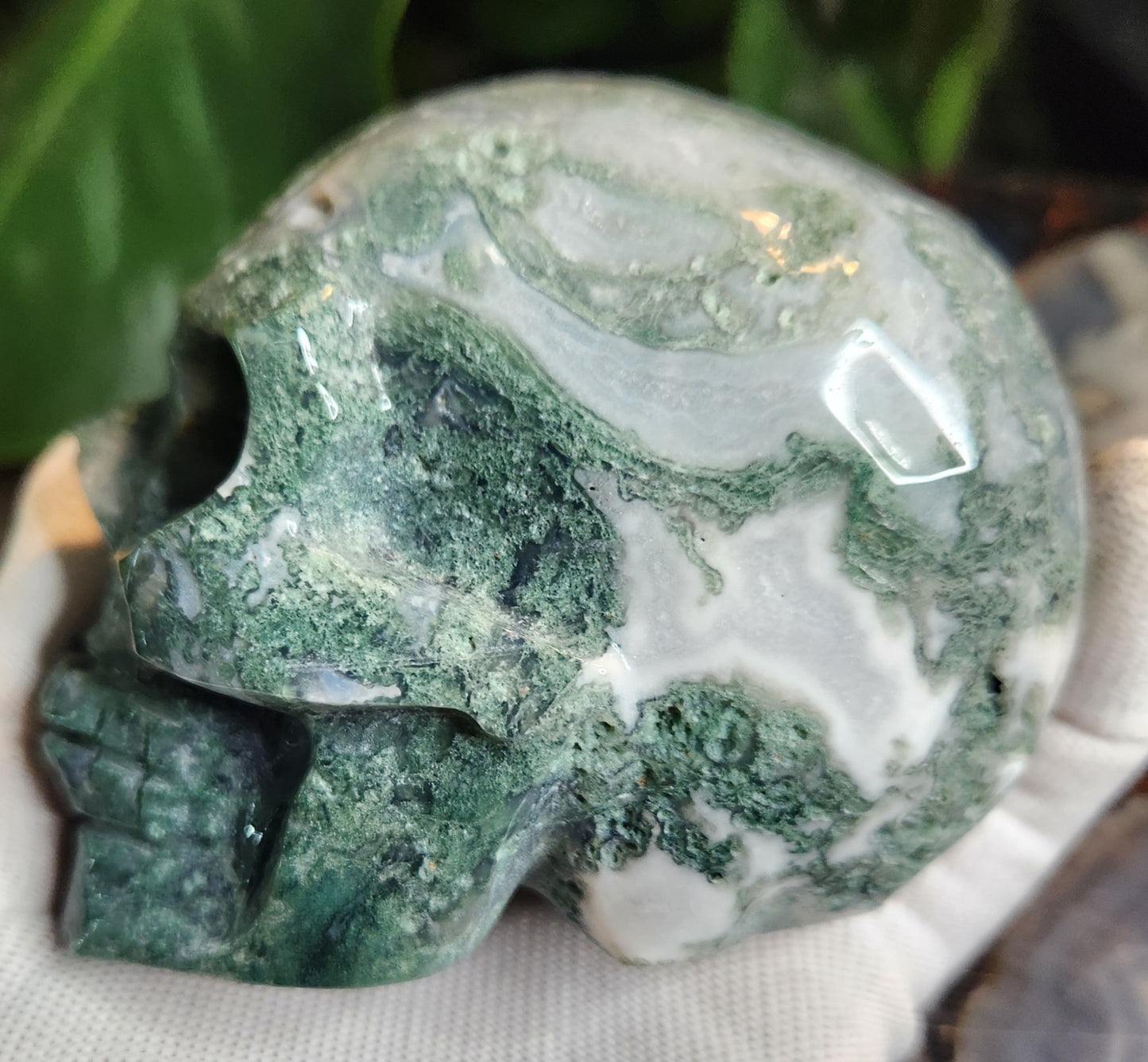 Hand-Carved Moss Agate Skull | Natural Green Chalcedony Crystal Skull | Grounding & Earth Energy Stone
