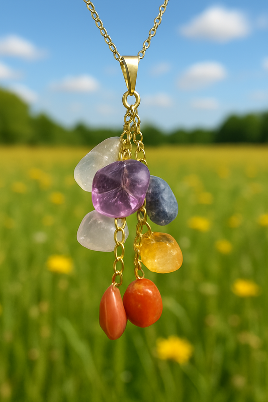 Chakra Crystal Pendant Necklace – Healing Stone Jewelry with Amethyst, Citrine, Carnelian, Clear Quartz & Rose Quartz – Spiritual Gift for Balance & Energy