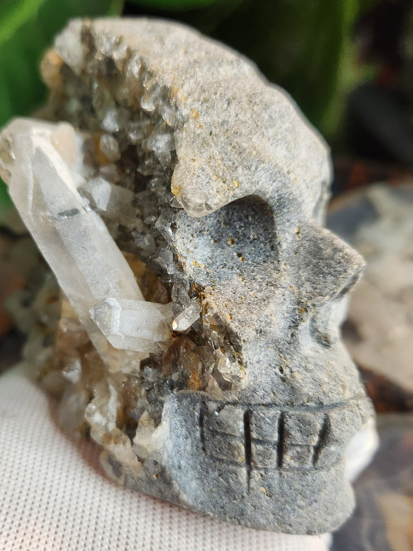 Hand-Carved Stone Skull with Natural Quartz Crystal Growth & Druzy Pockets