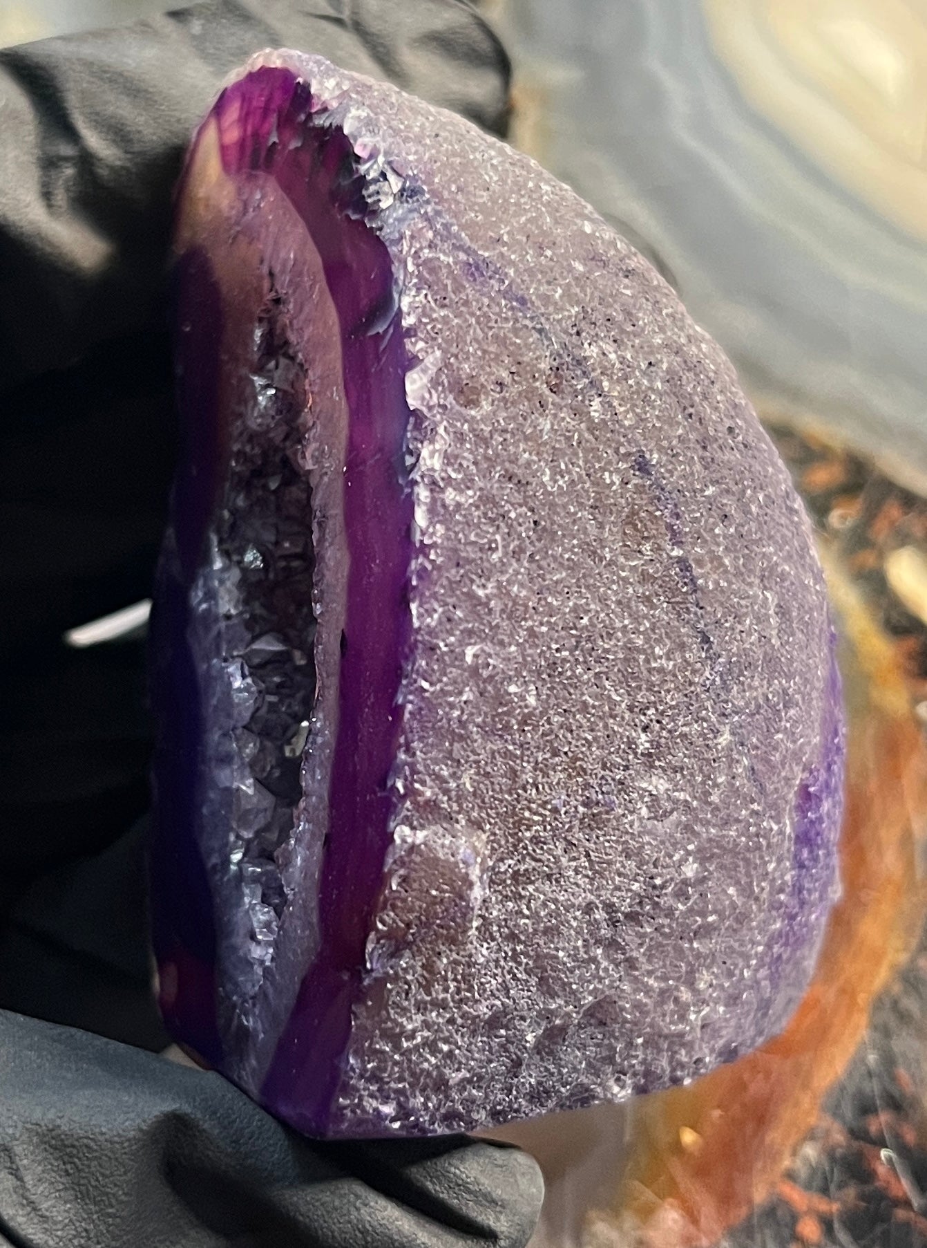 Deep Purple Agate Geode with Cut Base - Vibrant Amethyst-Tone Banded Agate - Polished Crystal Cluster with Druzy Center