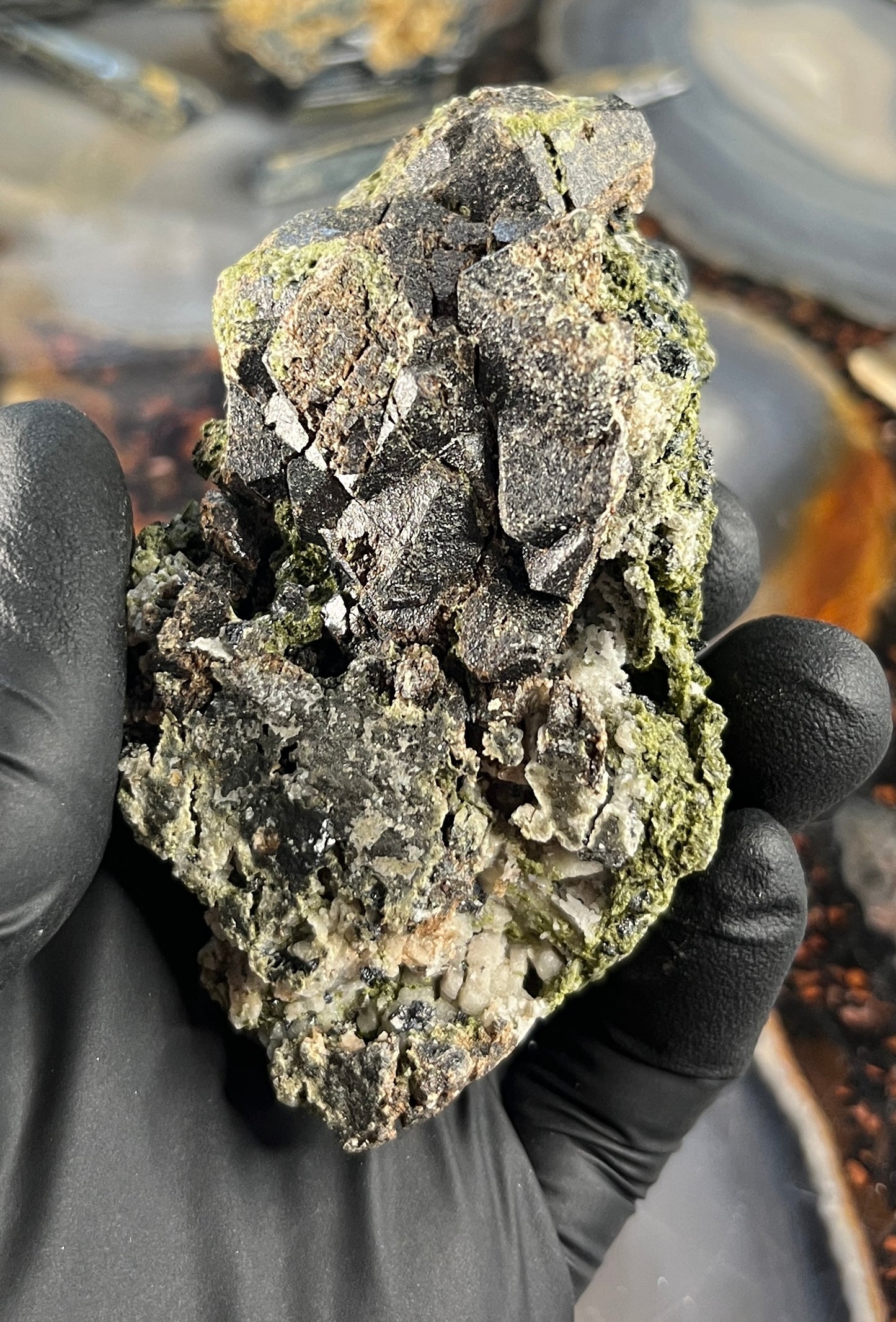 Raw Garnet on Epidote Specimen - Natural Dark Burgundy Andradite Garnet Cluster in Green Epidote Matrix - Grounding & Manifestation Crystal - Rare Mineral Specimen