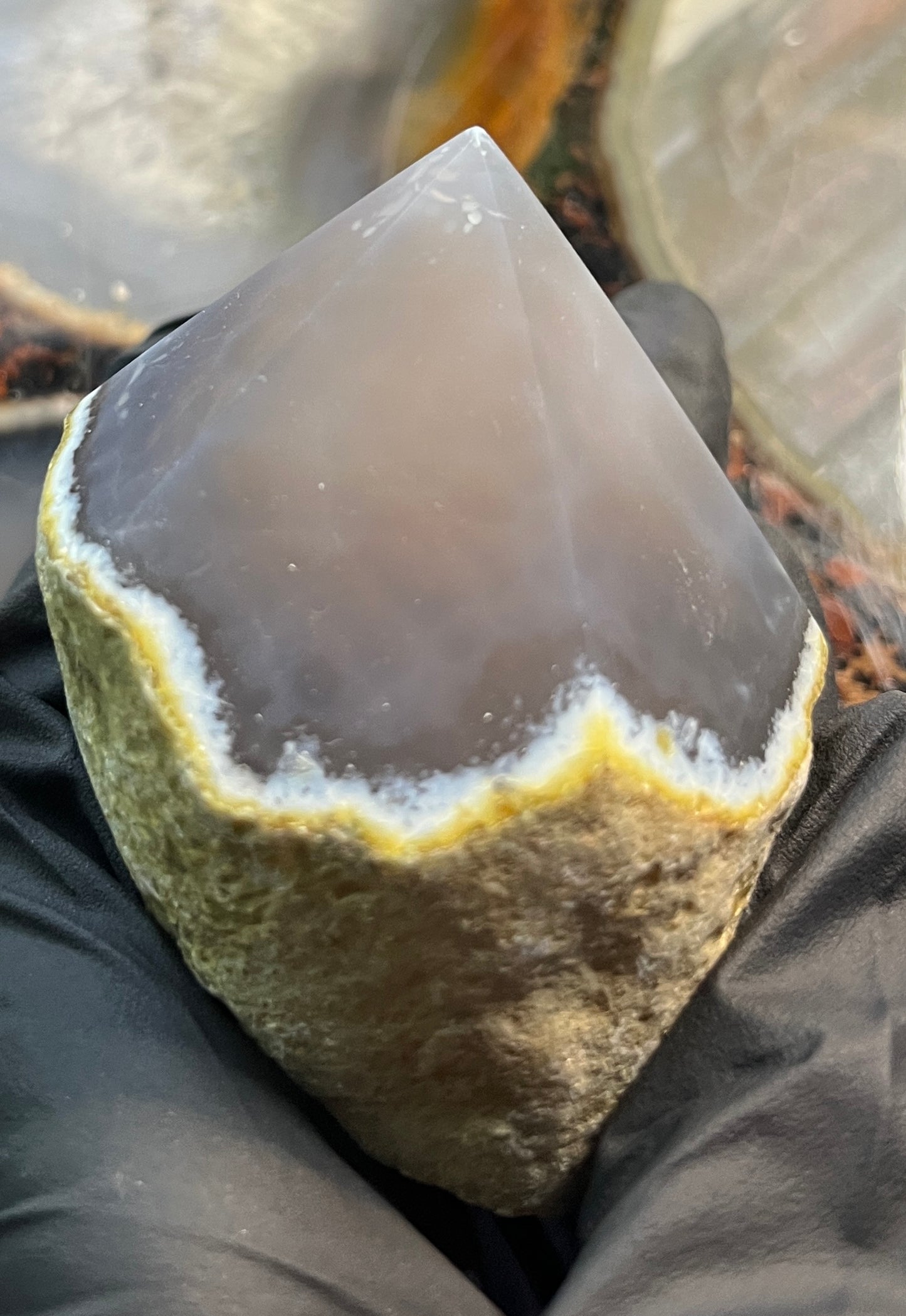 Natural Agate Point with Raw Matrix – Translucent Smokey Agate Crystal Tower – Earthy Rooted Agate Specimen – Polished Tip Crystal Decor
