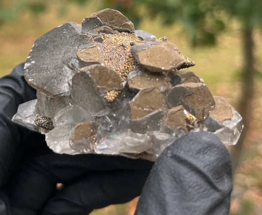 Pyrite on Calcite Crystal Specimen | Sparkling Fool's Gold Mineral | Natural Collector Stone | Metallic Home Decor