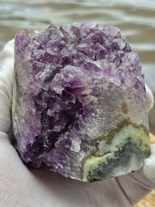 Amethyst cluster with stalactite flower formation