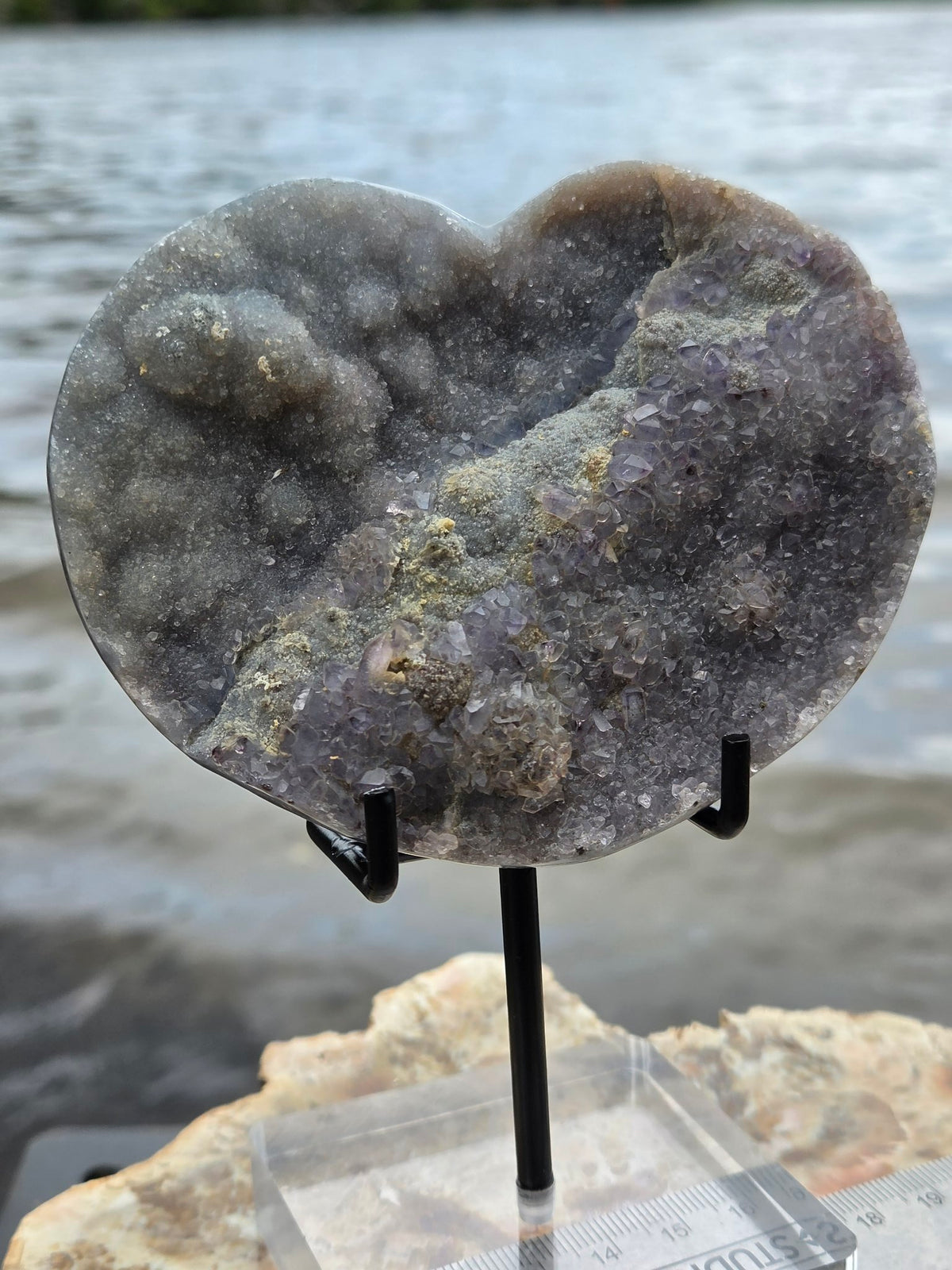 Amethyst heart with green and purple crystals