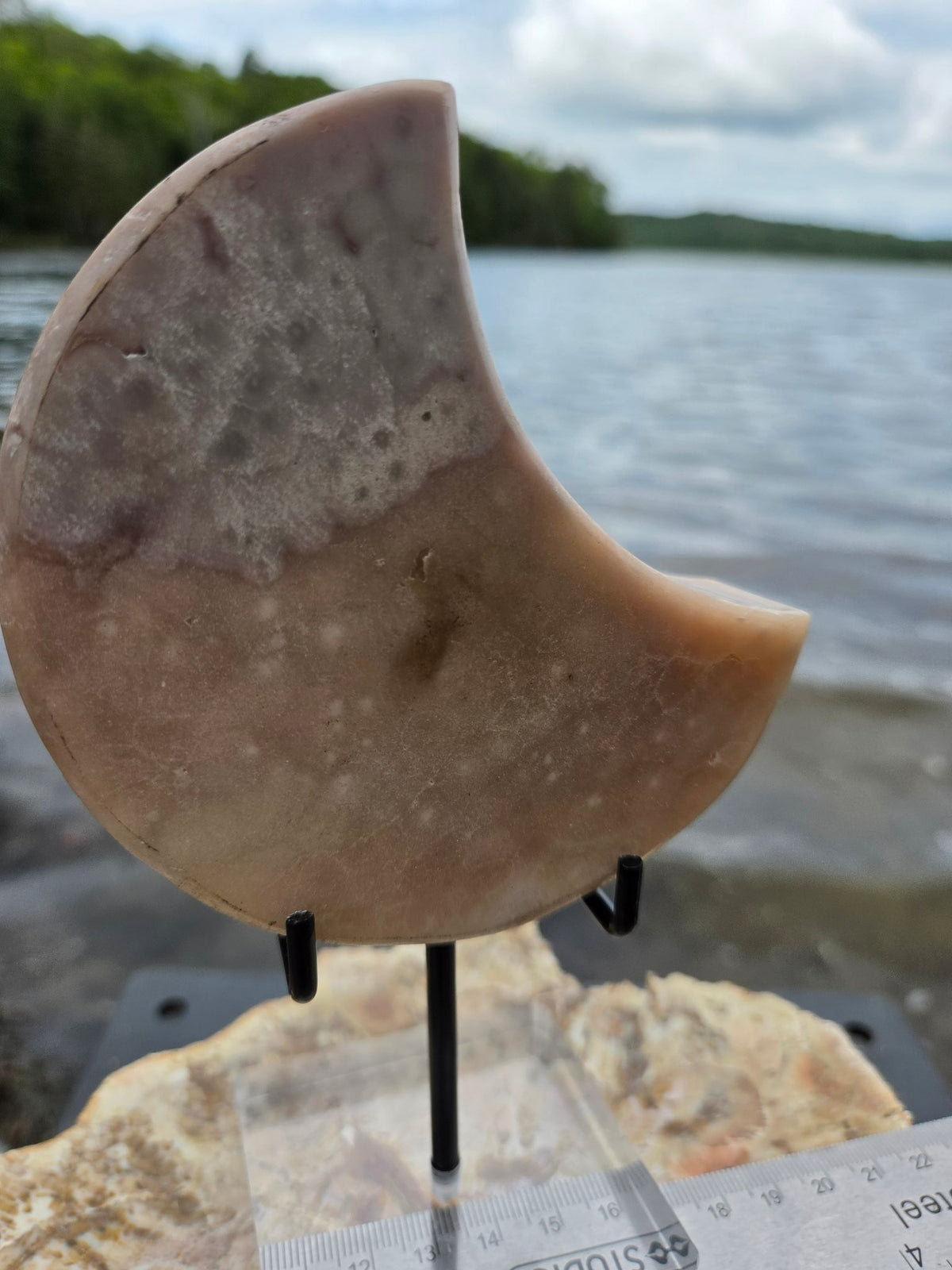 Pink amethyst moon on stand
