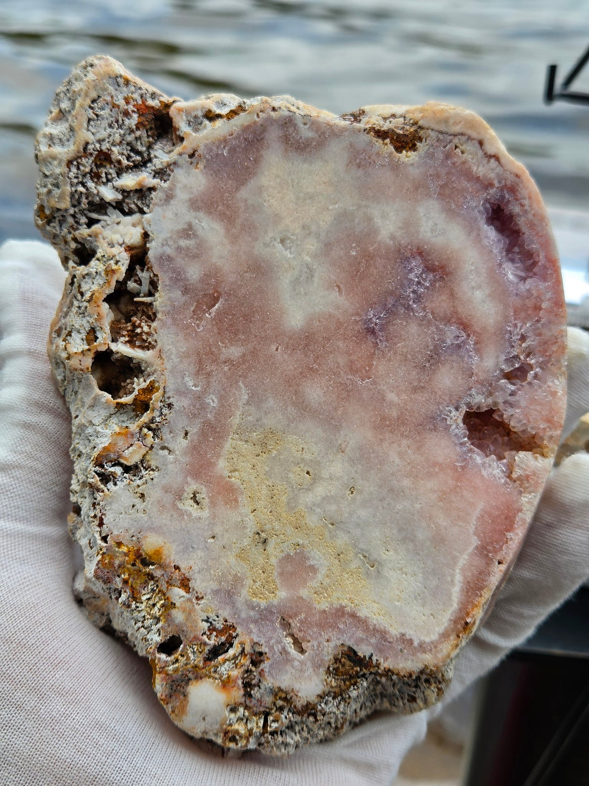 Pink amethyst slab edge view