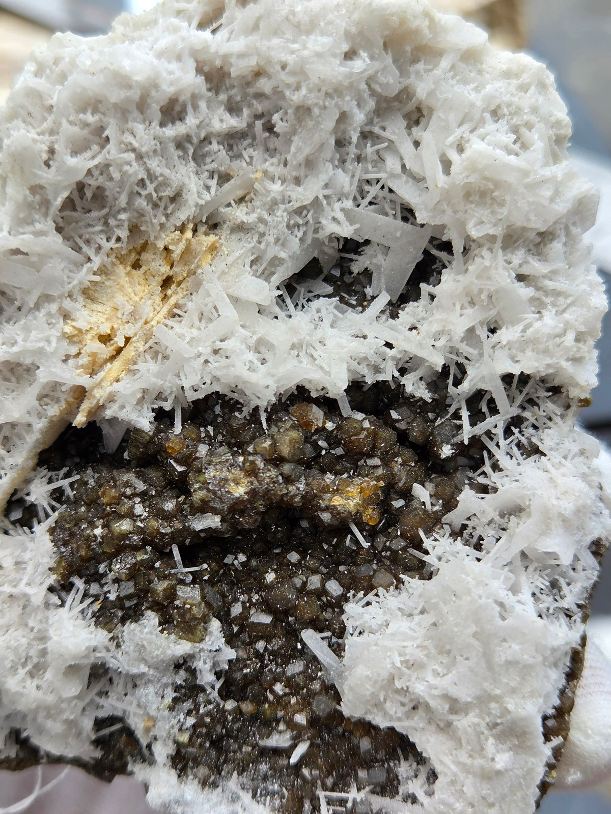 Garnet crystals with scolecite needles front view