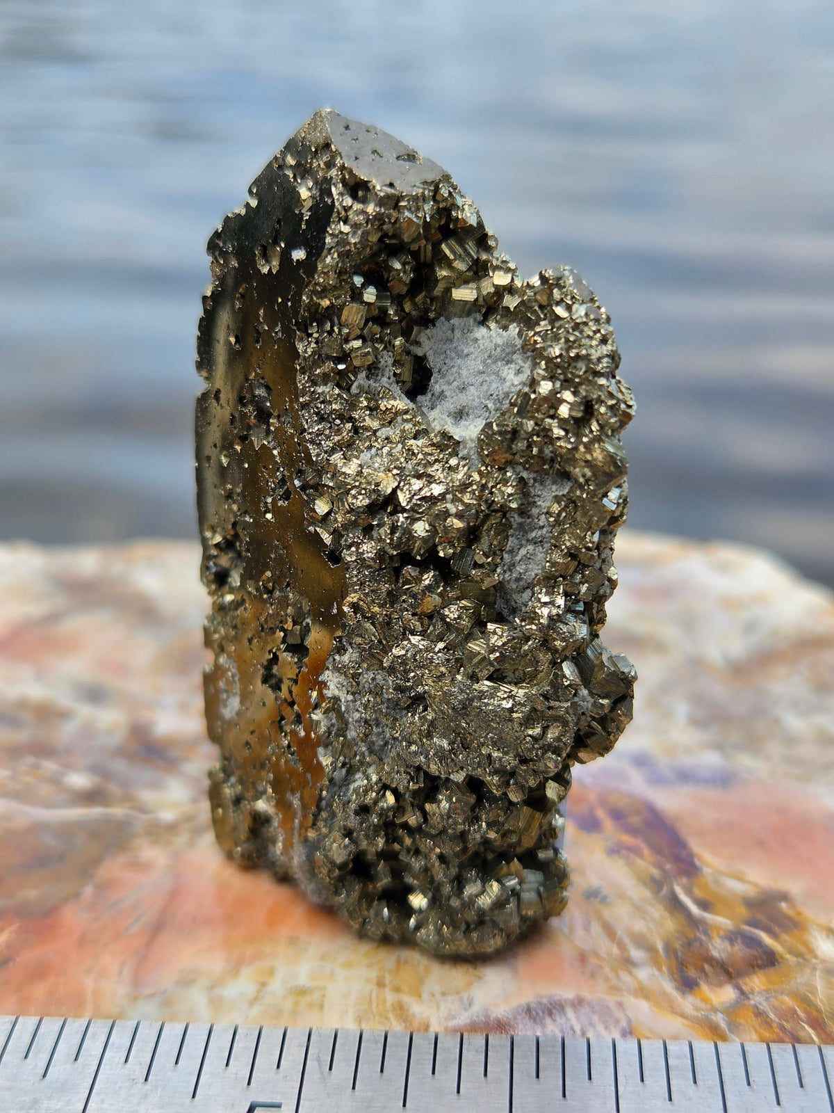 Polished pyrite tower with druzy pyrite, front view