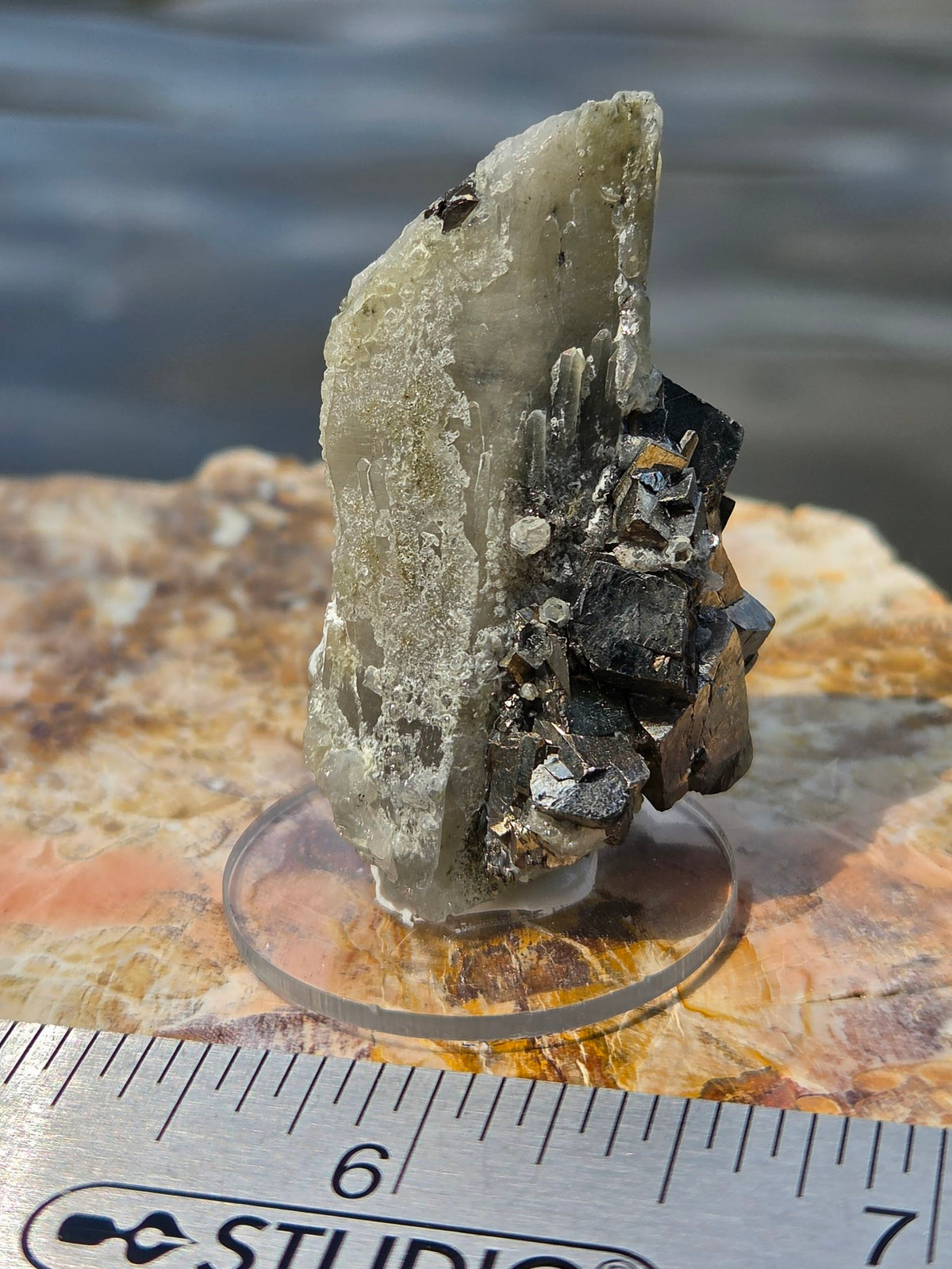 Pyrite cubes on quartz with ruler