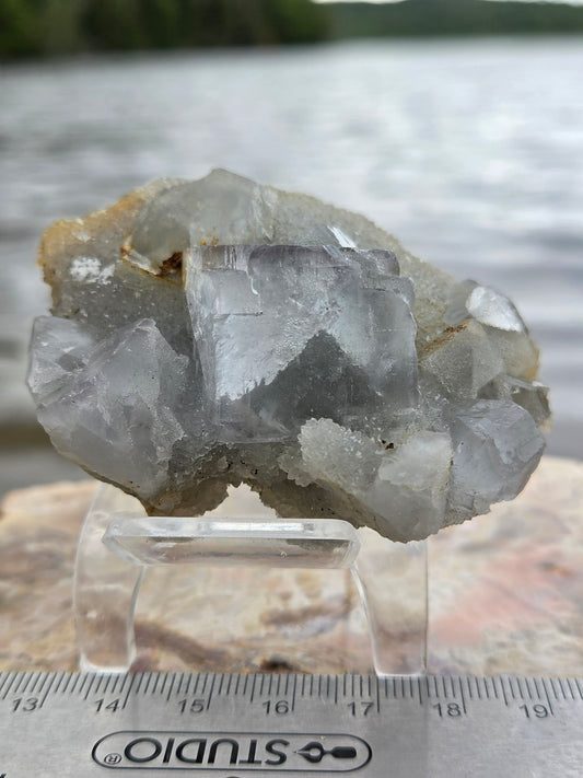 Large fluorite cubes on sugar quartz matrix, front view with ruler