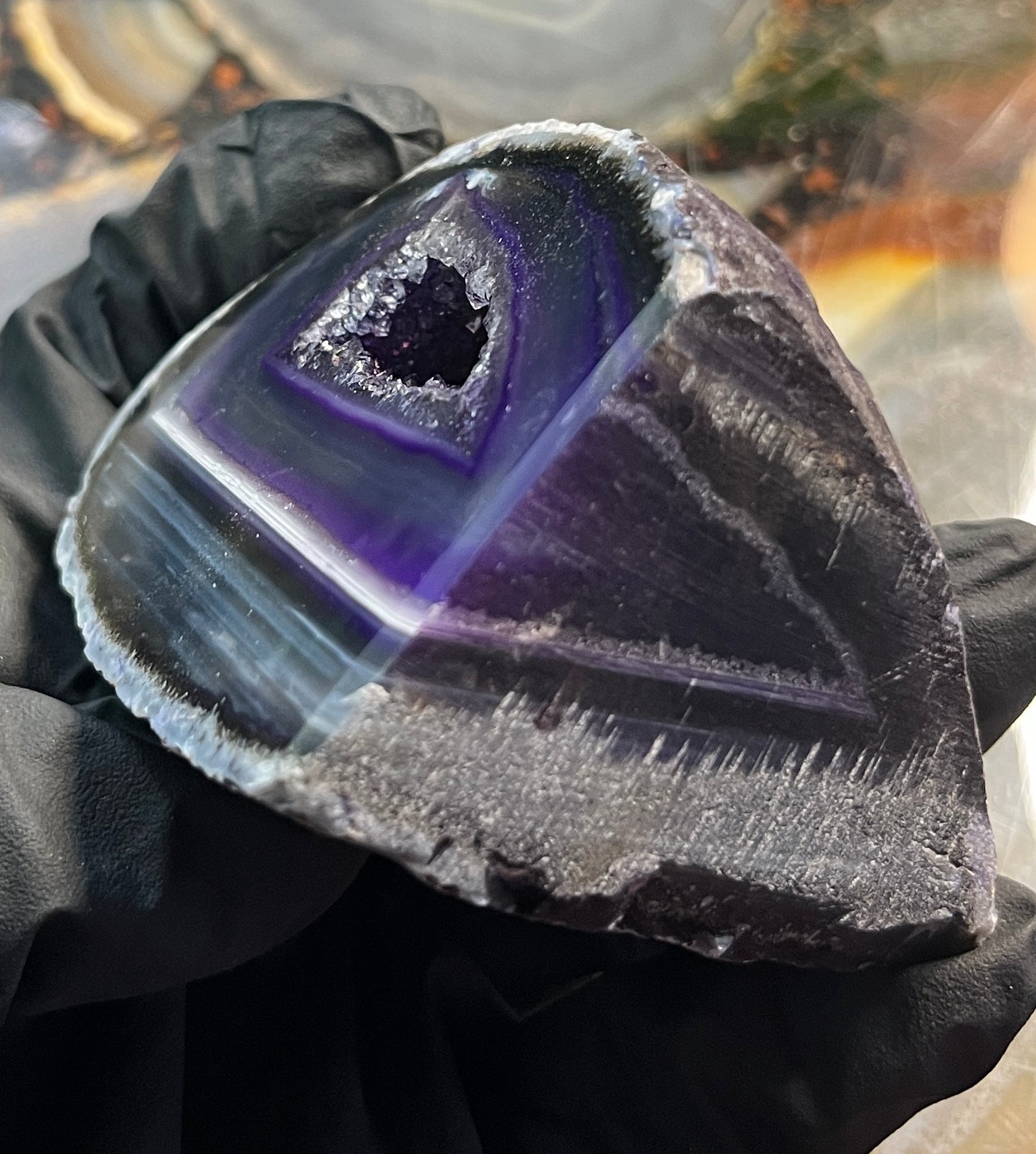 Deep Purple Agate Geode with Cut Base - Vibrant Banded Agate - Polished Crystal Cluster with Druzy Center
