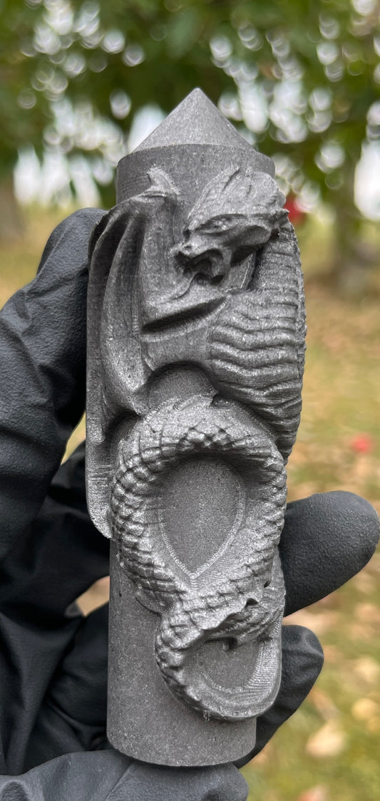 Hand-Carved Shungite Dragon Obelisk - Unique Collector Gemstone Tower - Black Matte Crystal for Altar & Home Decor