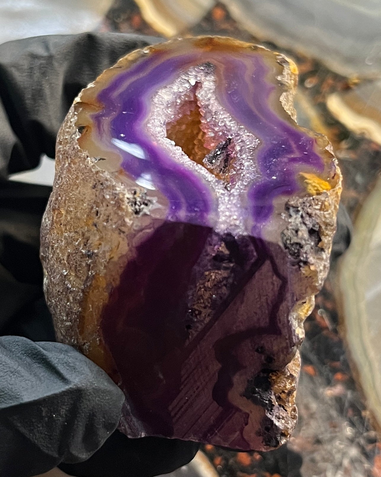 Purple Agate Geode with Cut Base - Vibrant Amethyst-Tone Banded Agate - Polished Crystal Cluster with Druzy Center