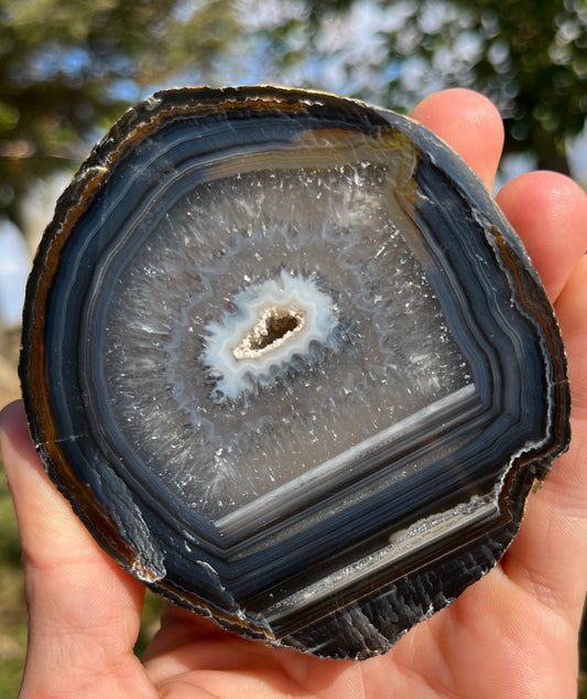 Banded Agate Slice Geode | Polished Natural Crystal Stone Decor | Unique Metaphysical Gift | Large Geode Specimen Display