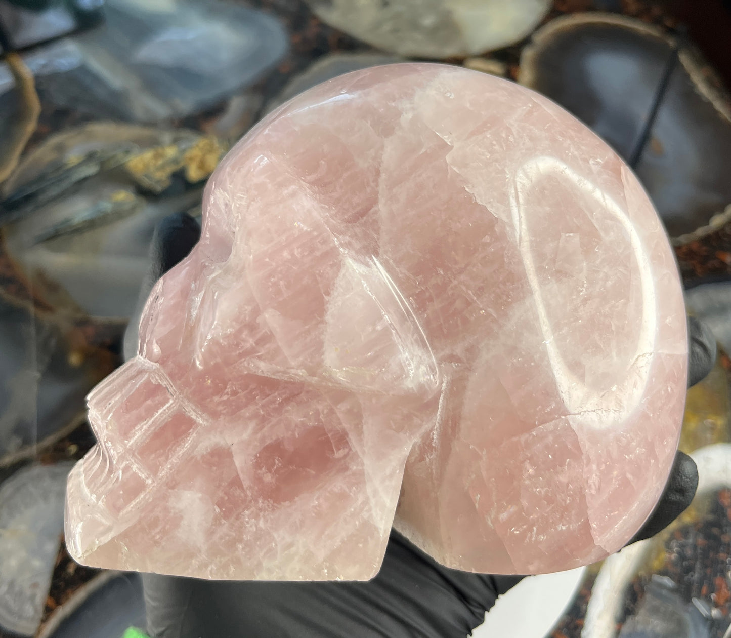 Hand-Carved Rose Quartz Skull – Natural Pink Crystal Sculpture – Large Polished Gemstone Skull for Reiki, Meditation, and Home Decor – One of a Kind