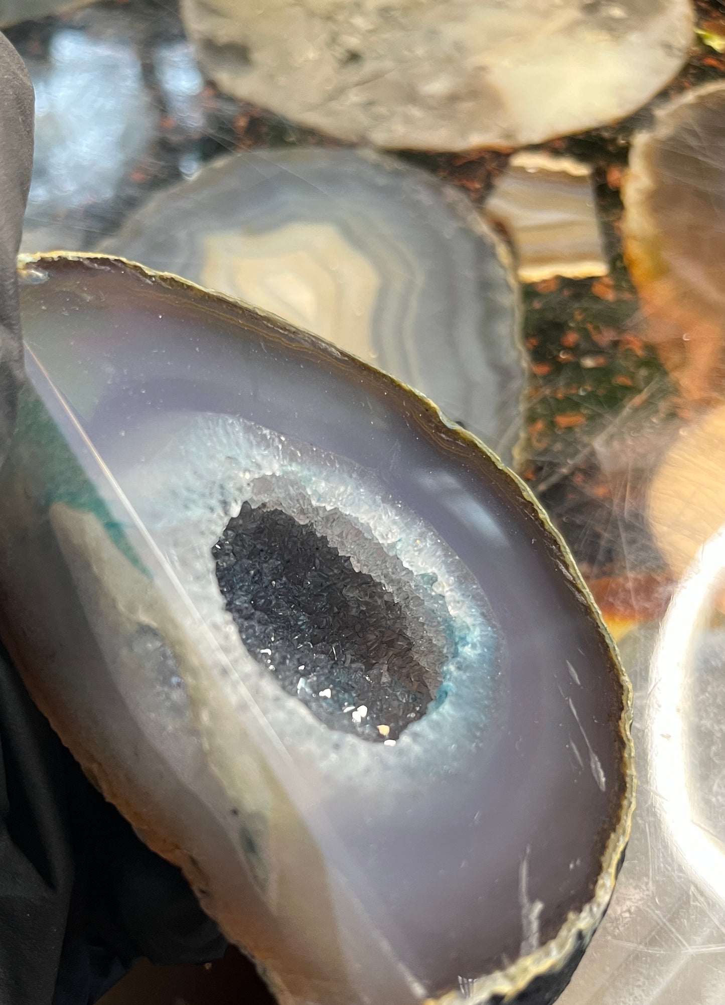Natural Blue Agate Geode with Cut Base - Polished Agate Slice with Sparkling Quartz Crystal Center Druzy