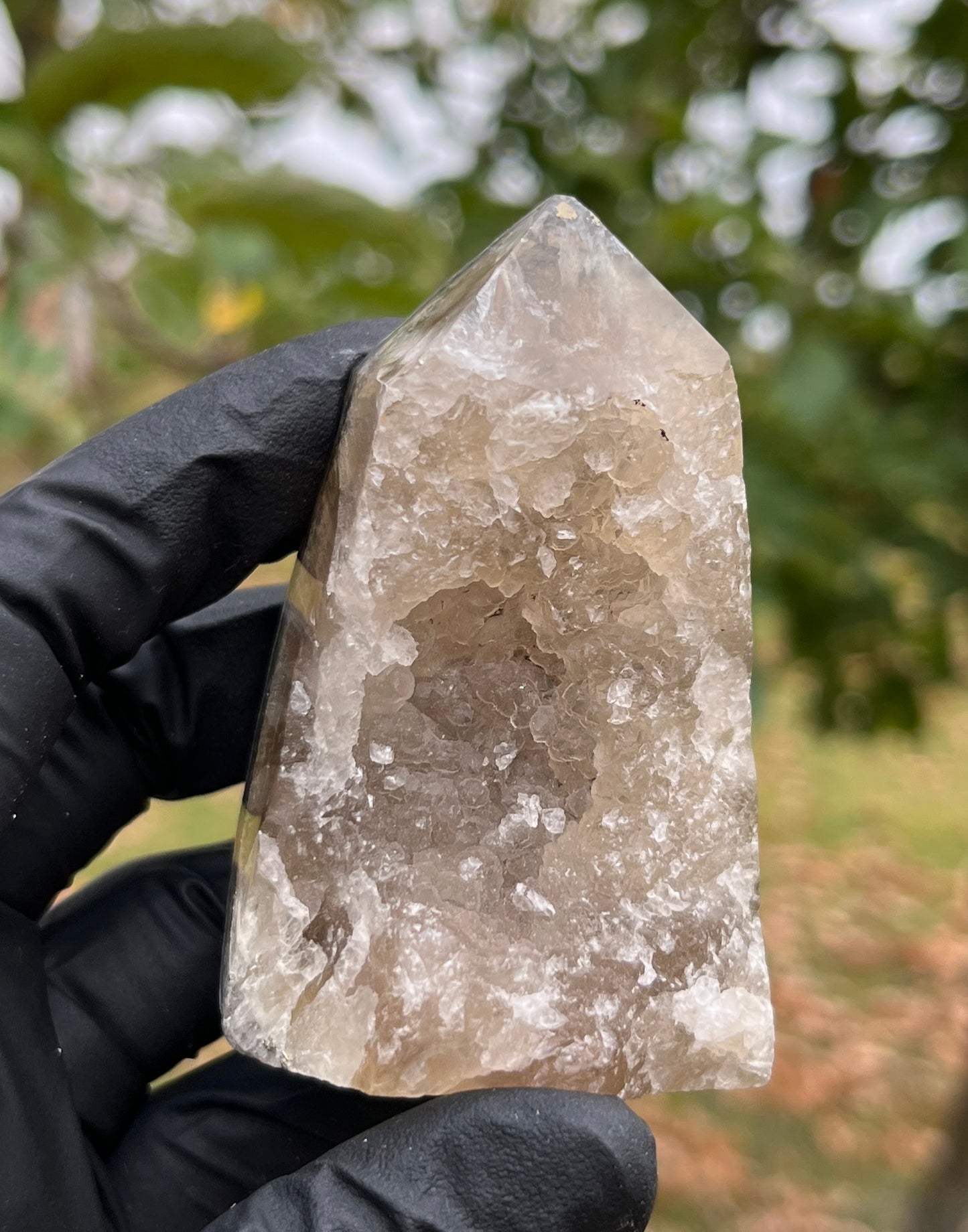 Quartz Geode Tower | Polished Crystal Point with Druzy Cavity & Pyrite Inclusions | Unique Crystal for Home, Altar & Meditation