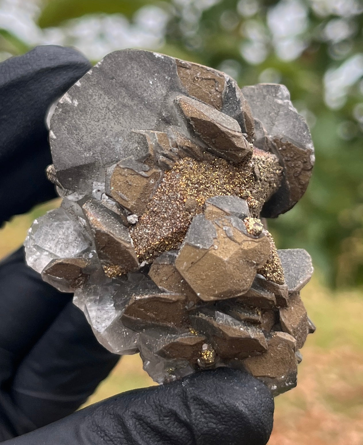 Pyrite on Calcite Crystal Specimen | Sparkling Fool's Gold Mineral | Natural Collector Stone | Metallic Home Decor