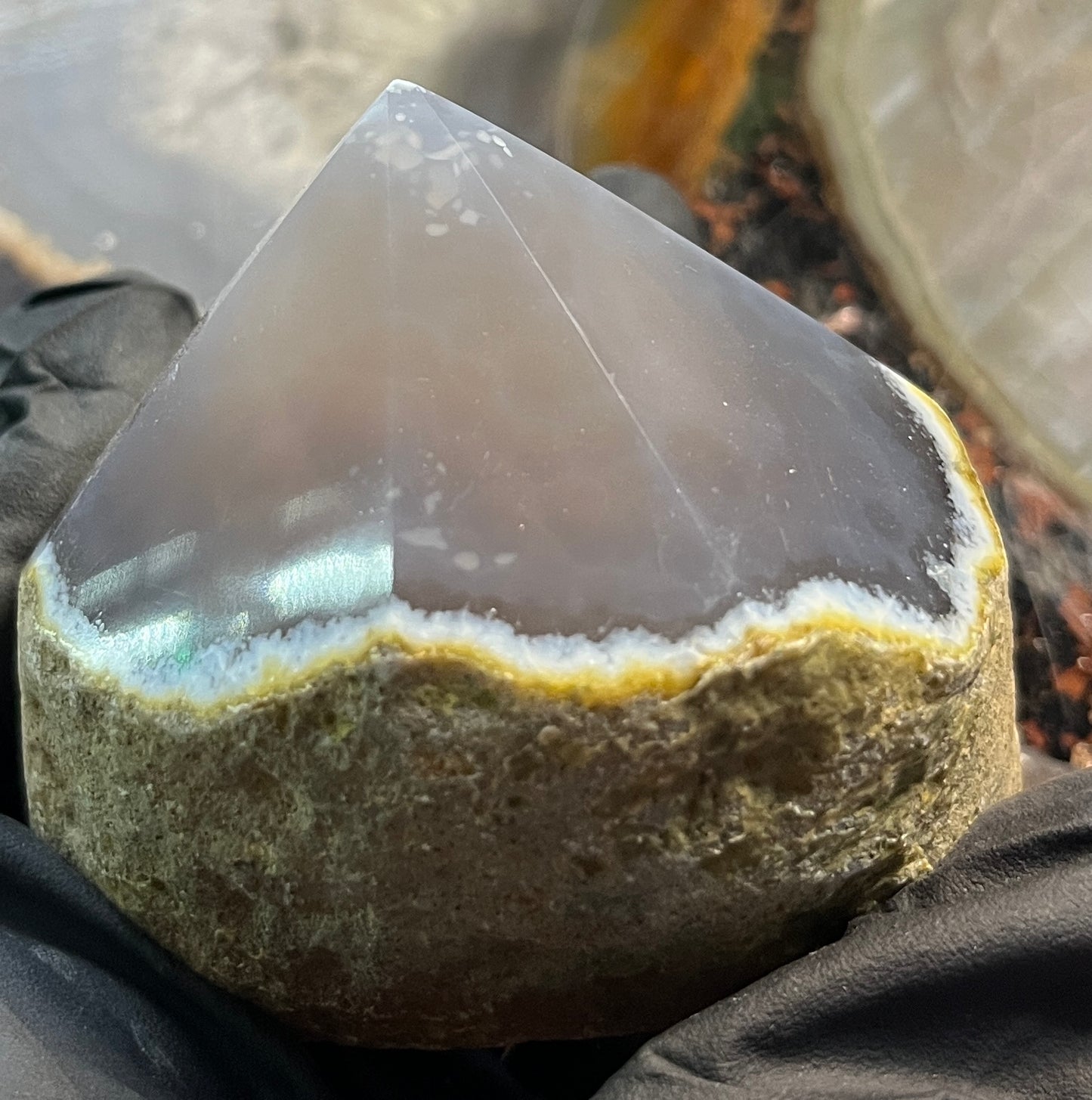 Natural Agate Point with Raw Matrix – Translucent Smokey Agate Crystal Tower – Earthy Rooted Agate Specimen – Polished Tip Crystal Decor