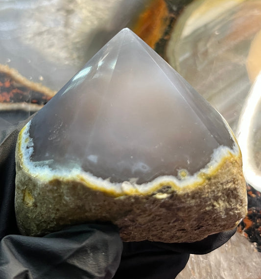 Natural Agate Point with Raw Matrix – Translucent Smokey Agate Crystal Tower – Earthy Rooted Agate Specimen – Polished Tip Crystal Decor
