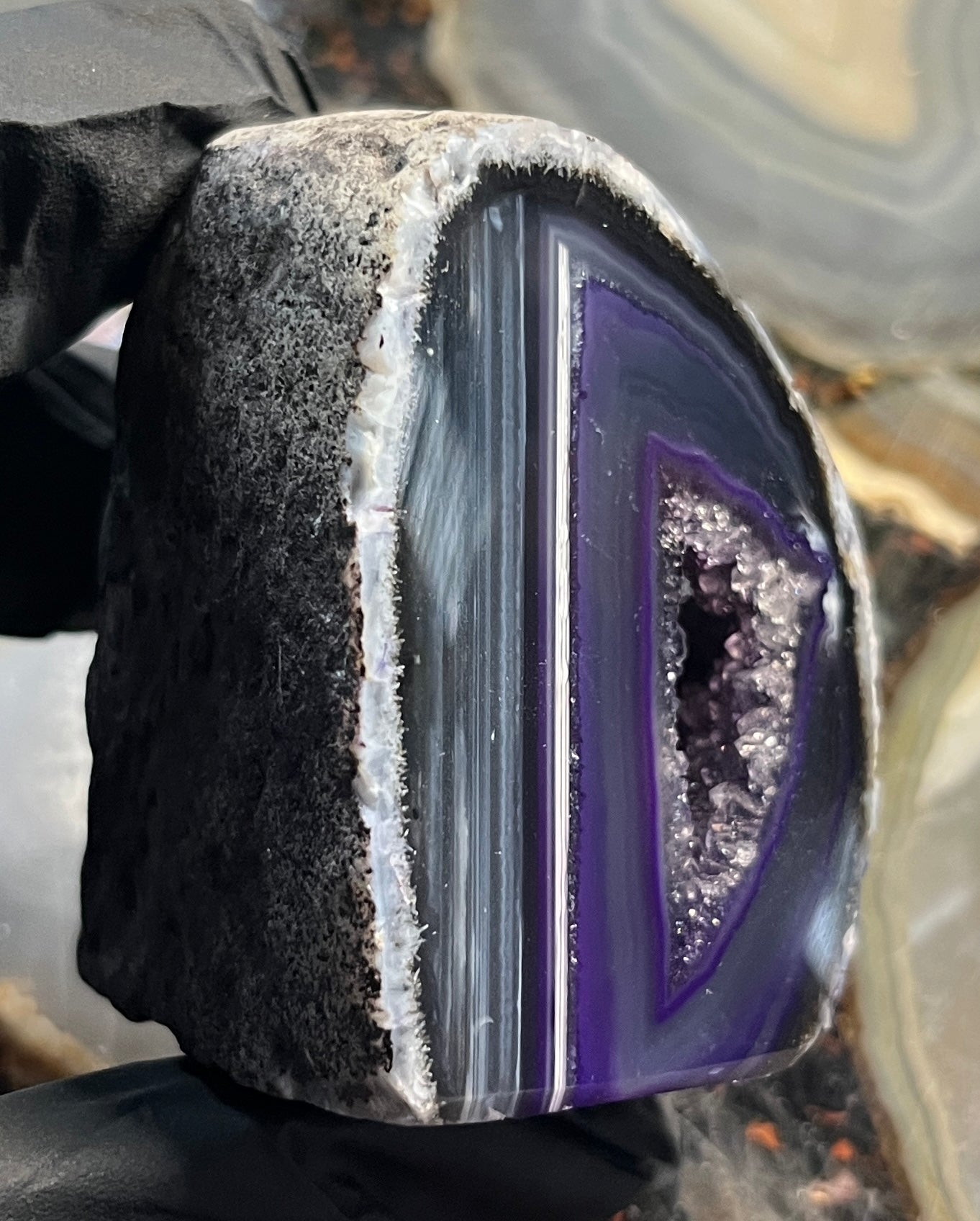 Deep Purple Agate Geode with Cut Base - Vibrant Banded Agate - Polished Crystal Cluster with Druzy Center