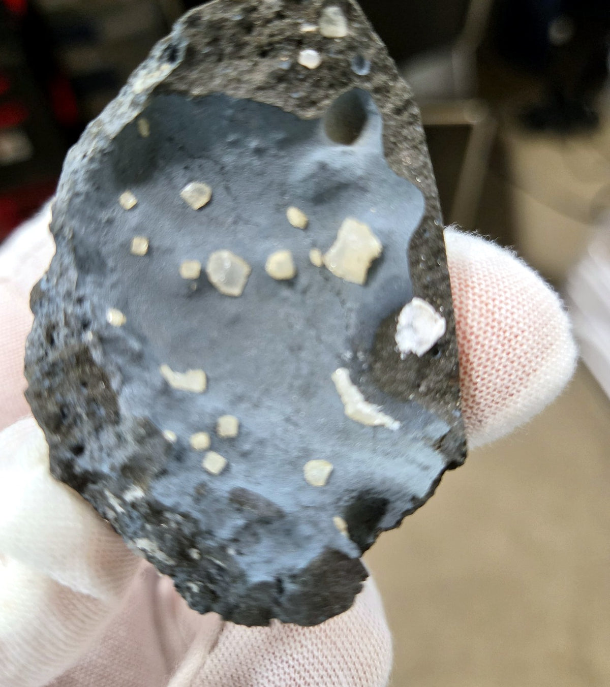 Botanical calcite crystals on blue bentonite matrix, angled view
