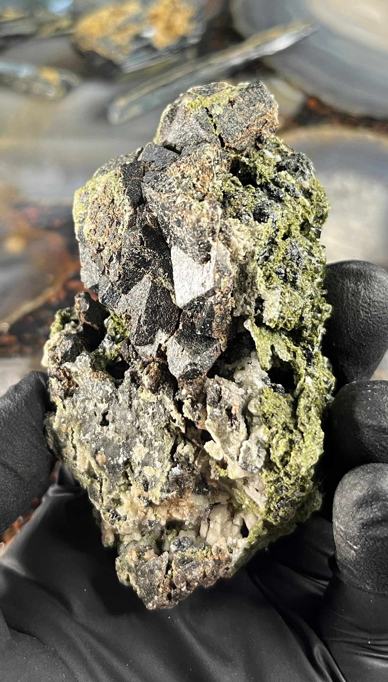Raw Garnet on Epidote Specimen - Natural Dark Burgundy Andradite Garnet Cluster in Green Epidote Matrix - Grounding & Manifestation Crystal - Rare Mineral Specimen