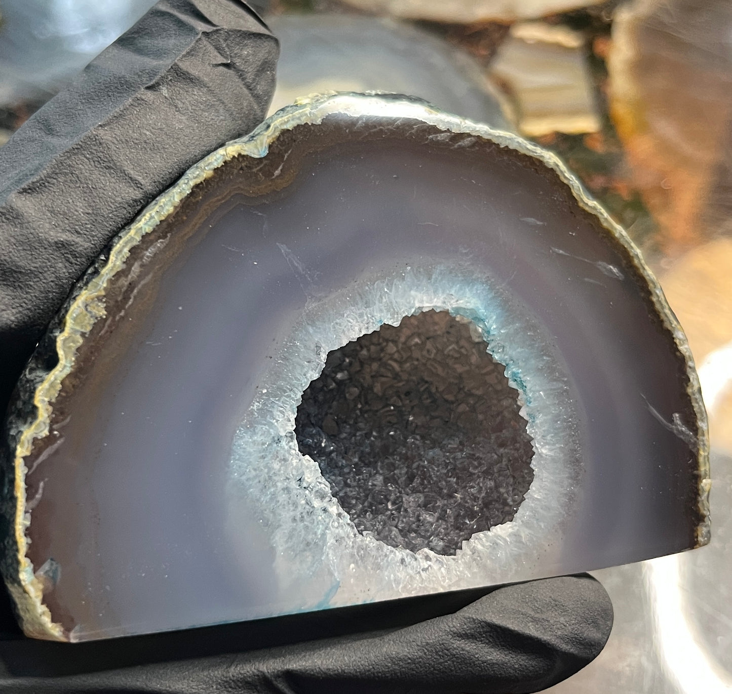 Natural Blue Agate Geode with Cut Base - Polished Agate Slice with Sparkling Quartz Crystal Center Druzy
