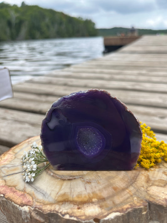 Vibrant Purple Agate Geode Slice with Quartz Druzy Pocket