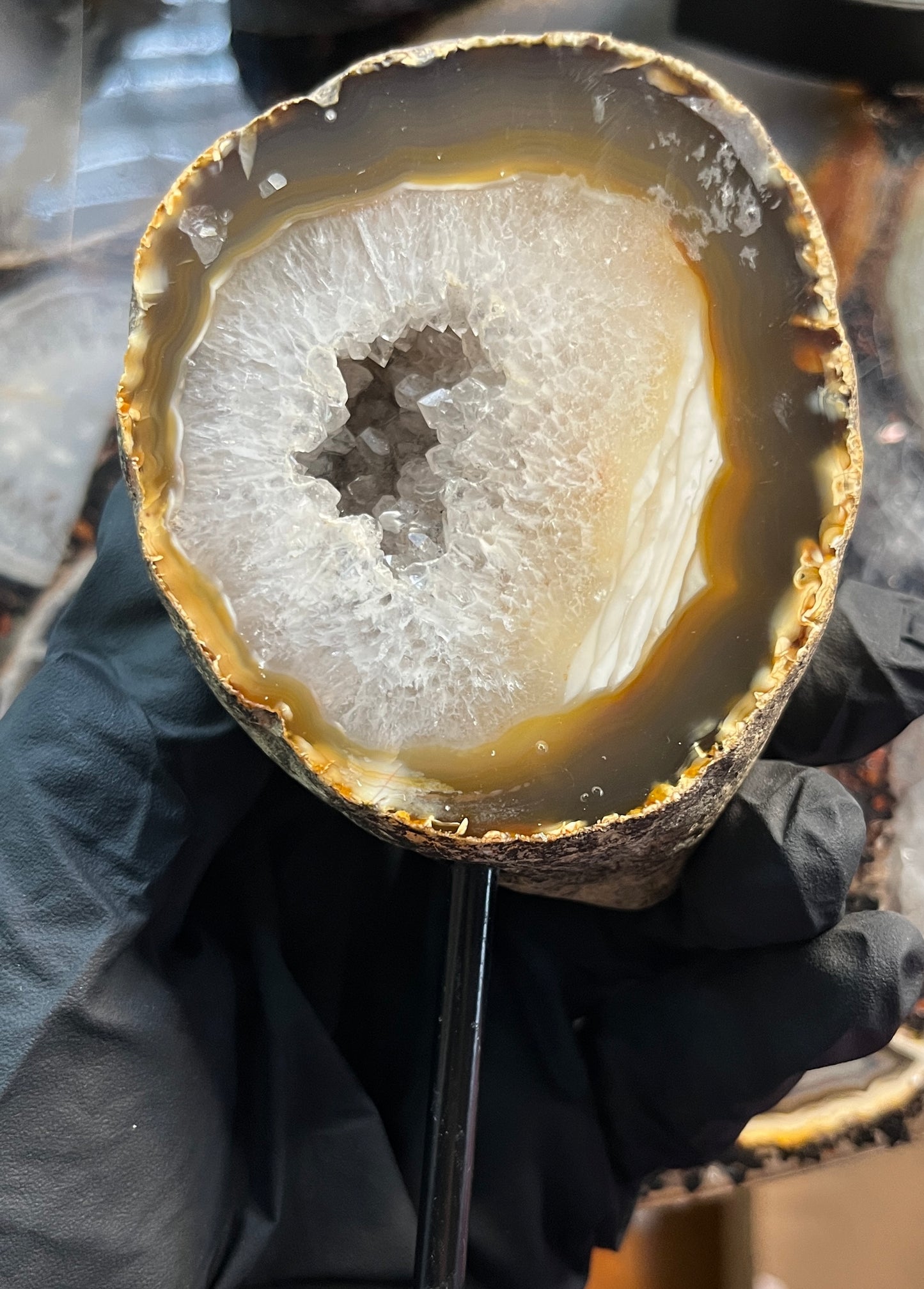 Agate Geode half on Stand – Quartz Druzy & Agate Display – Natural Crystal Slab – Banded Agate Altar Decor