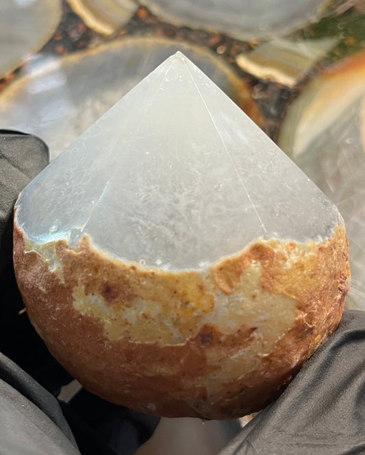 Natural Agate Point with Raw Matrix – Translucent White Agate Crystal Tower – Earthy Rooted Agate Specimen – Polished Tip Crystal Decor