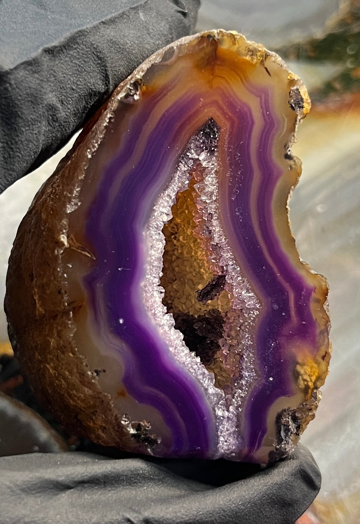 Purple Agate Geode with Cut Base - Vibrant Amethyst-Tone Banded Agate - Polished Crystal Cluster with Druzy Center
